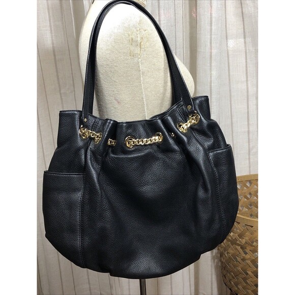 Michael Kors Handbag Shoulder Bag Tote Hobo Black Leather Gold Chain Straps - Picture 3 of 16